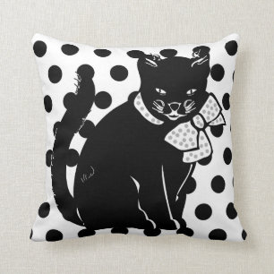 Cute Black Cat op Black & White Polka Dots Pillow Kussen