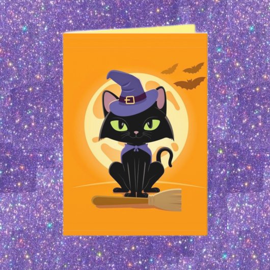 Cute Black Cat op broomHalloween Kaart