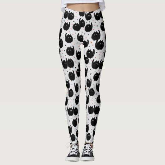 Cute Black Cat Pattern White Leggings (Voorkant)