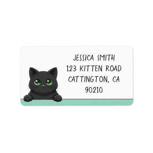 Cute Black Cat Peeking Mint Personalized Etiket (Voorkant)