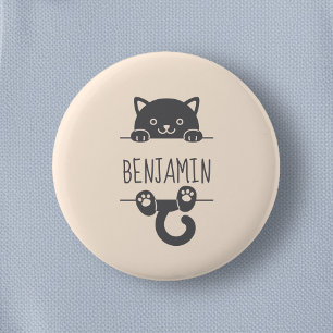 Cute Black Cat Peking achter Custom Name Ronde Button 5,7 Cm