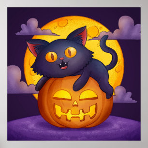 Cute Black Cat, Pumpkin en Moon Poster