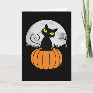 Cute Black Cat Pumpkin Full Moon Funny Halloween Kaart