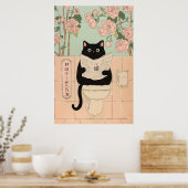 Cute Black Cat Reading in Bathroom Poster (Keuken)