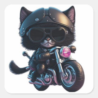 Cute Black Cat Riding een motorfiets Vierkante Sticker