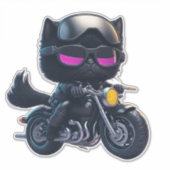 Cute Black Cat Riding Motorcycle Sticker (Voorkant)