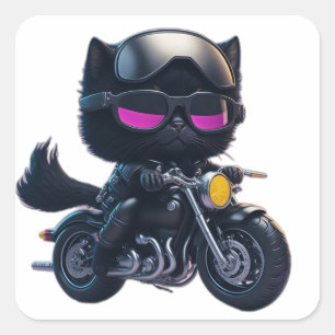 Cute Black Cat Riding Motorcycle Vierkante Sticker