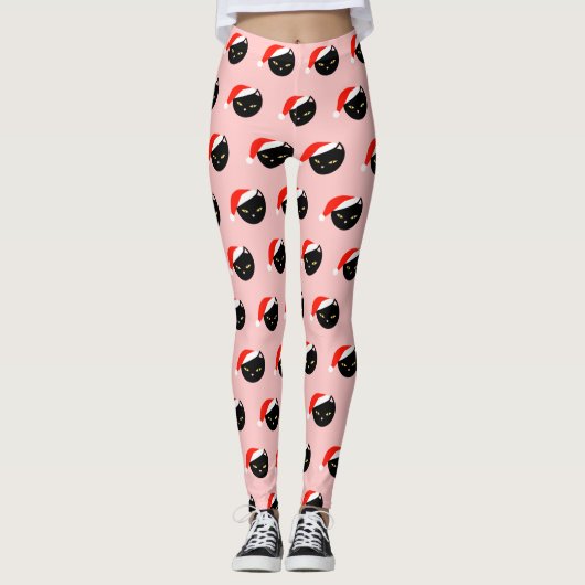 Cute Black Cat Santa Red Pattern Roze Kerstmis Leggings (Voorkant)