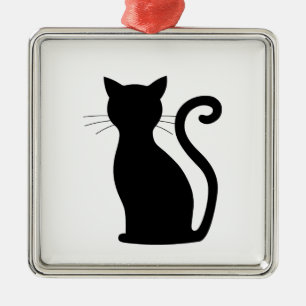 Cute Black Cat Silhouette Fun Black and White Metalen Ornament