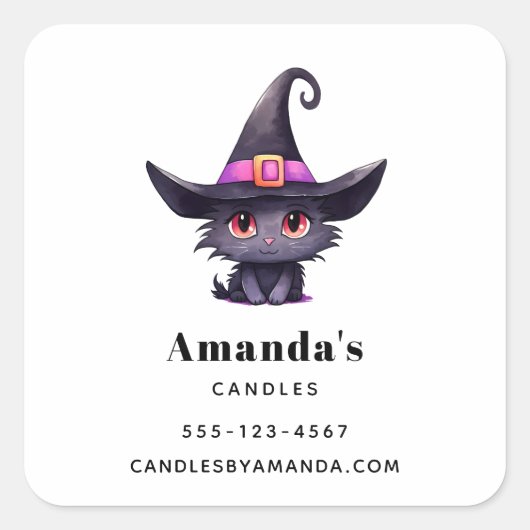 Cute Black Cat Wearing a Witch's Hat Business Vierkante Sticker (Voorkant)