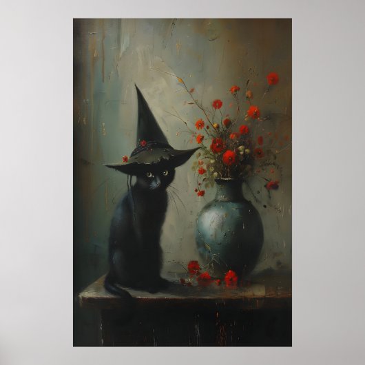 Cute Black Cat Witch With Dark Botanicals, Dark Poster (Voorkant)