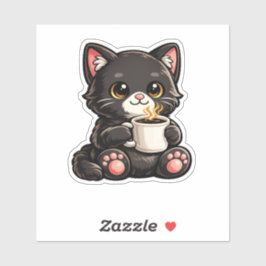 Cute Black Cat with Coffee Sticker