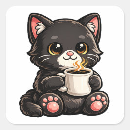 Cute Black Cat with Coffee Vierkante Sticker