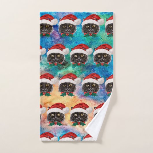 Cute Black Cat with Santa Hat Pattern Handdoek (Handdoek)