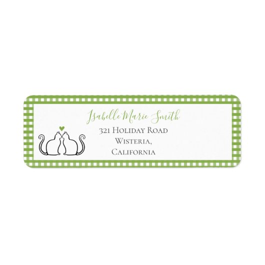 Cute Black Cats Green Heart Gingham Border White Etiket (Voorkant)