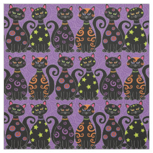 Cute Black Cats op Paarse Halloween Pattern Stof
