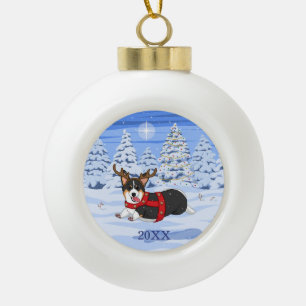 Cute Black Corgi-kerstrendieren kostuum Keramische Bal Ornament