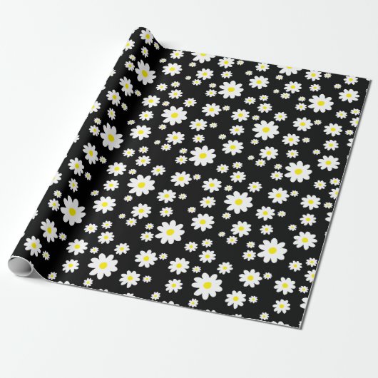 Cute Black Daisy Pattern Wrapping Paper Cadeaupapier (Uitgerold)
