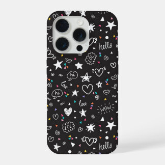 Cute Black Doodle Pattern Phone Case with Hearts iPhone 15 Pro Hoesje