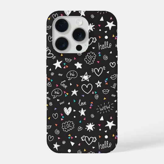 Cute Black Doodle Pattern Phone Case with Hearts iPhone Hoesje (Achterkant)