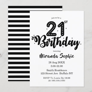 Cute Black en White 21st Birthday-uitnodigingen