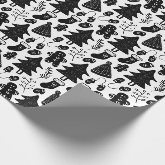 Cute Black en White Kerstmis Doodle Pattern Cadeaupapier (Hoek)