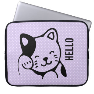 Cute Black en White Kitty Cat Waving Hallo Laptop Sleeve