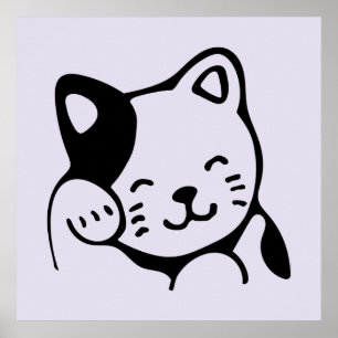 Cute Black en White Kitty Cat Waving Hallo Poster