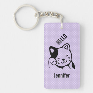 Cute Black en White Kitty Cat Waving Hallo Sleutelhanger
