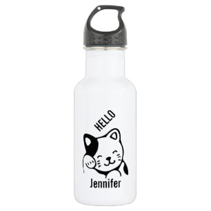 Cute Black en White Kitty Cat Waving Hallo Waterfles