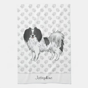 Cute Black en White Phalène Dog met aangepaste naa Theedoek