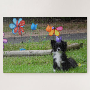 Cute Black en White Puppy Colorful Spring Flower Legpuzzel