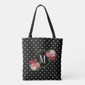Cute Black  Flowers Polka Dots Monogram Tote Bag (Achterkant)