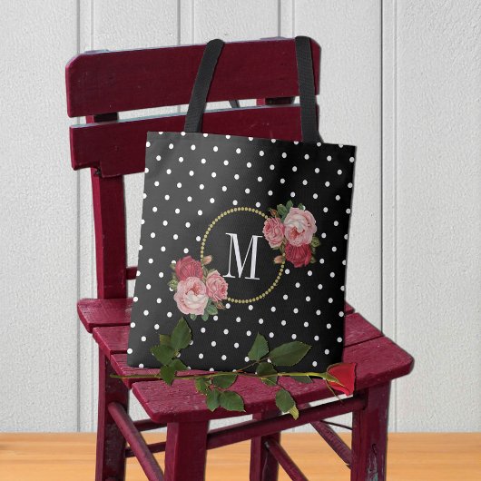 Cute Black  Flowers Polka Dots Monogram Tote Bag