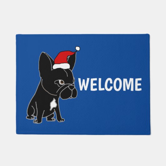 Cute Black French Bulldog in Santa Hat Kerstmis Deurmat (Voorkant)
