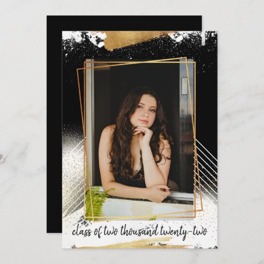 Cute Black & Gold Framed Afstuderen Invitation Kaart (Voorkant / Achterkant)