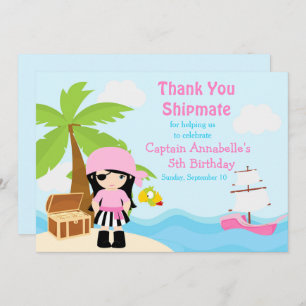 Cute Black Hair Pirate Girl Birthday Party Bedankkaart