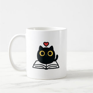 Cute Black Kawaii Cat Reading Book Cartoon Koffiemok