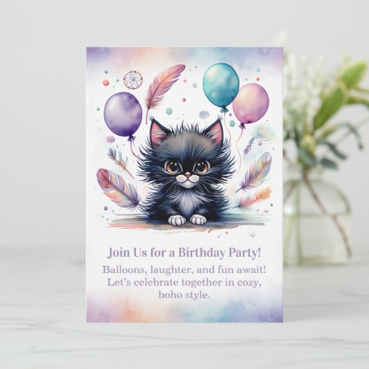 Cute Black Kitten Birthday Invitation  Boho  (Debout devant)