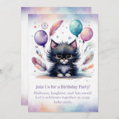 Cute Black Kitten Birthday Invitation  Boho  (Devant / Derrière)