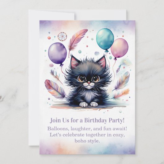 Cute Black Kitten Birthday Invitation  Boho  Kaart (Voorkant)