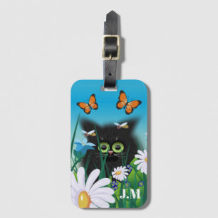 Cute Black Kitten en Daisies Art Monogram Bagagelabel