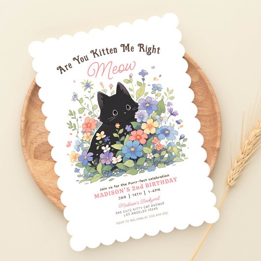 Cute Black Kitten Floral Invitation Anniversaire |