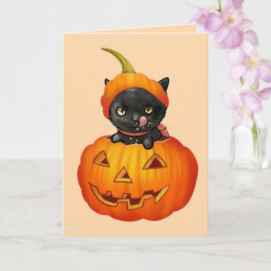 Cute Black Kitten in Pumpkin Halloween Card Kaart (Orchidee)