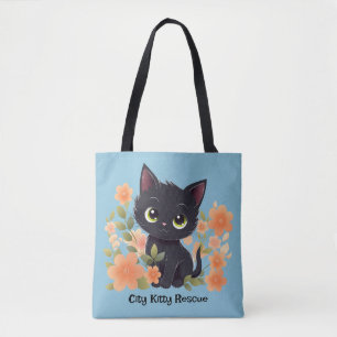 Cute Black Kitten met bloemen Draagtas