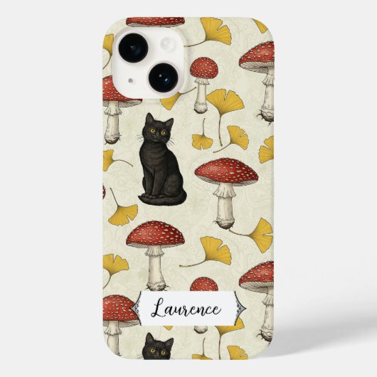 Cute Black Kitten with Mushrooms Personalized name Case-Mate iPhone Case (Achterkant)