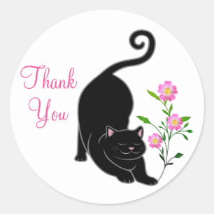 Cute black kitty cat met bloemen Dank je Ronde Sticker