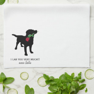Cute Black Lab Dog holding Red Rose Kitchen Towel Theedoek
