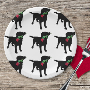 Cute Black Lab Dog holding Red Rose Papieren Bordje
