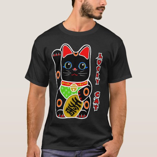 Cute Black Lucky Cat Maneki Neko Beckoning Fortune T-shirt (Voorkant)